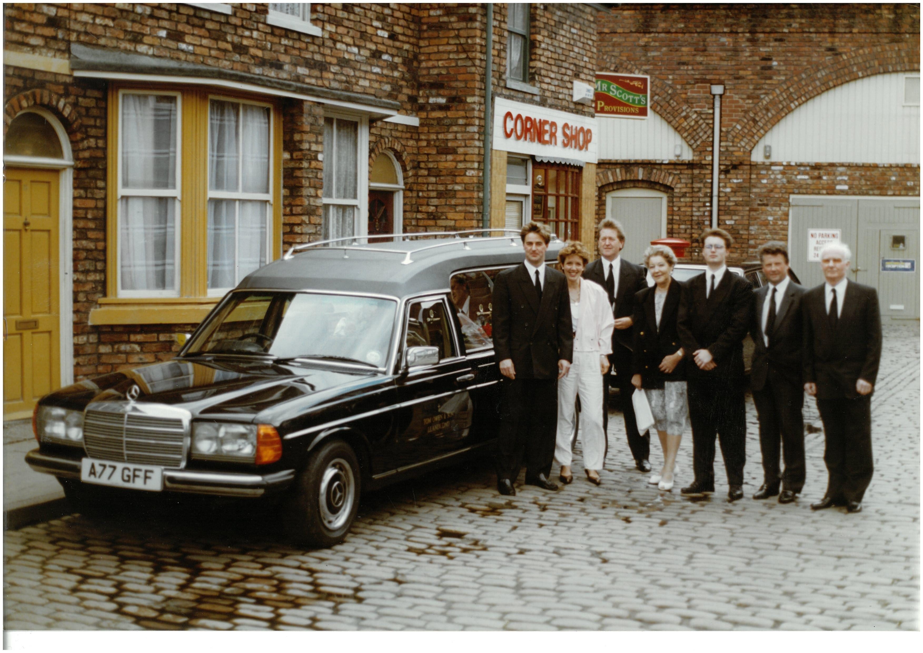 Scott Owen, Tom Owen and Son Funeral Director on set of Coronation Street